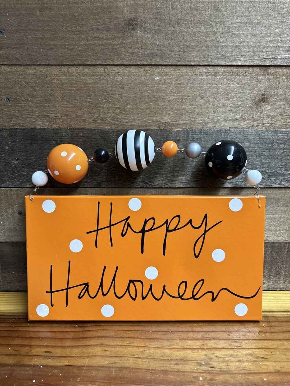 Happy Halloween Whimsical Orange Black White Door Wall Sign 15” Long
